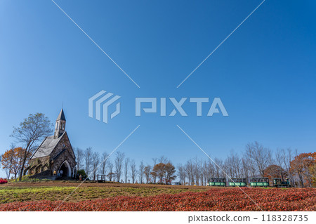 A church and a train seen beyond the flower fields of Hirugano Plateau Pastoral Village in autumn, Gujo City, Gifu Prefecture 118328735