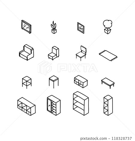 Hand Drawn Doodle of Living room furniture set. Chair, Sofa, table, television and plant. Isometric Drawing Vector. 118328737