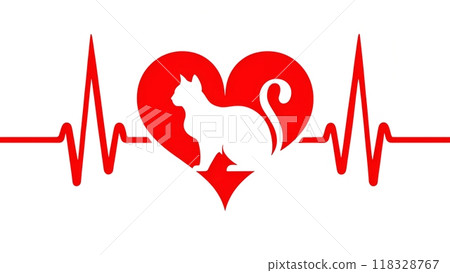An image of a pulsating heart in bright red with a sleek and elegant cat silhouette against an ECG line.	 118328767