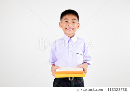 Portrait smile Asian little boy primary posing hand holding book studio isolated white background, happy cute man kid wear school uniform plaid, back to school concept Portrait smile Asian little boy primary posing hand holding book studio isolated white background, happy cute man kid wear school uniform plaid, back to school concept 118328788