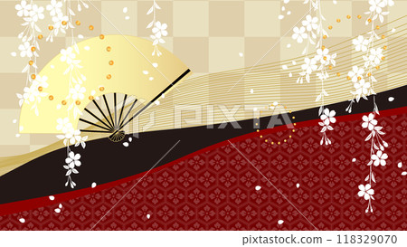 Japanese style design Gold Red Fan Cherry Blossom Flower Frame Banner Copy space Gold Japanese style background 118329070