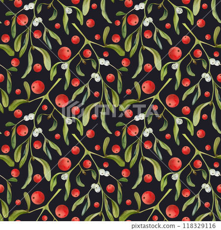 Mistletoe branches with green leaves, red and white berries. Watercolor hand drawn illustration, seamless pattern isolated on dark. Xmas, happy new year festive, noel navidad. Print paper, textile Mistletoe branches with green leaves, red and white berries. Watercolor hand drawn illustration, seamless pattern isolated on dark. Xmas, happy new year festive, noel navidad. Print paper, textile 118329116