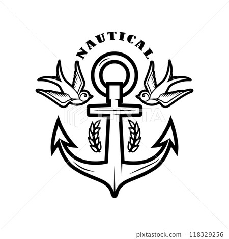 Vintage anchor with swallows. Design element for emblem, sign, badge, logo. Vector illustration 118329256