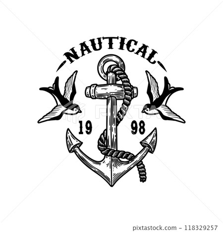 Vintage anchor with swallows. Design element for emblem, sign, badge, logo. Vector illustration Vintage anchor with swallows. Design element for emblem, sign, badge, logo. Vector illustration 118329257
