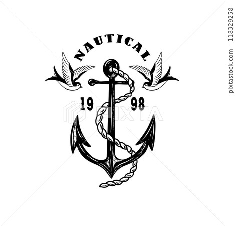 Vintage anchor with swallows. Design element for emblem, sign, badge, logo. Vector illustration 118329258