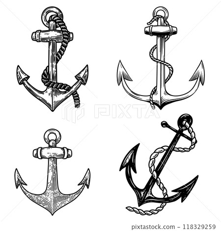 Set of vintage old style anchors. Design element for logo, label, sign, badge. Vector illustration 118329259