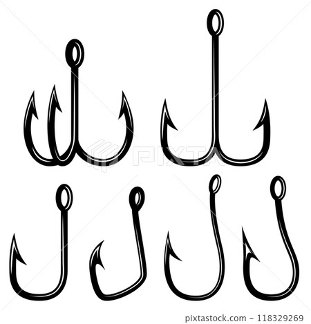 Set of illustrations of fishing hooks. Design element for poster, card, banner,emblem, sign. Vector illustration Set of illustrations of fishing hooks. Design element for poster, card, banner,emblem, sign. Vector illustration 118329269