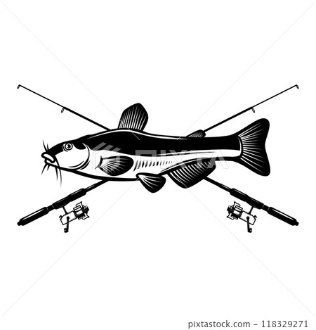 Catfish and crossed fishing rods. Design element for emblem, sign, badge, logo. Vector illustration 118329271