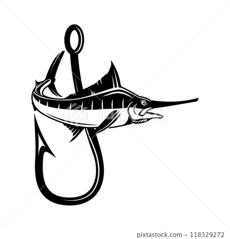 Swordfish and fishing hook. Design element for emblem, sign, badge, logo. Vector illustration Swordfish and fishing hook. Design element for emblem, sign, badge, logo. Vector illustration 118329272