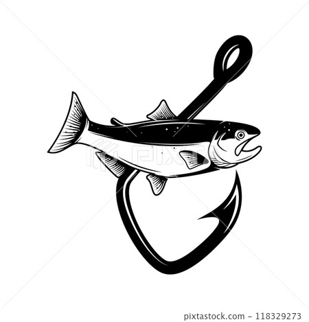 Salmon and fishing hook. Design element for emblem, sign, badge, logo. Vector illustration 118329273