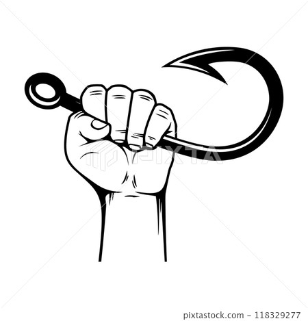 Hand holding fish hook. Design element for poster, card, banner,emblem, sign. Vector illustration 118329277