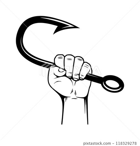 Hand holding fish hook. Design element for poster, card, banner,emblem, sign. Vector illustration 118329278