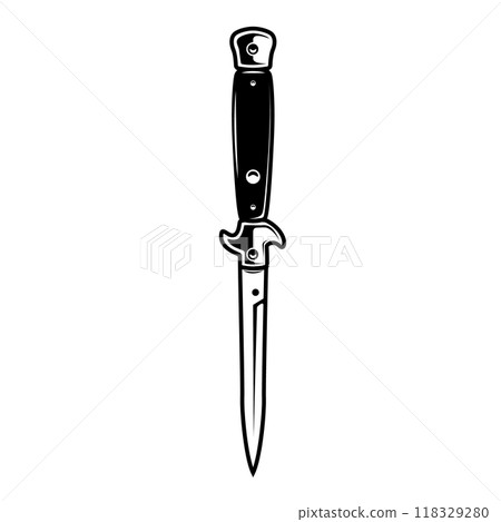 Flick knife. Design element for emblem, sign, badge, logo. Vector illustration Flick knife. Design element for emblem, sign, badge, logo. Vector illustration 118329280