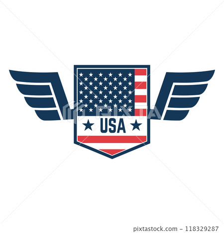 Emblem template with american flag and wings. Design element for emblem, sign, badge, logo. Vector illustration 118329287