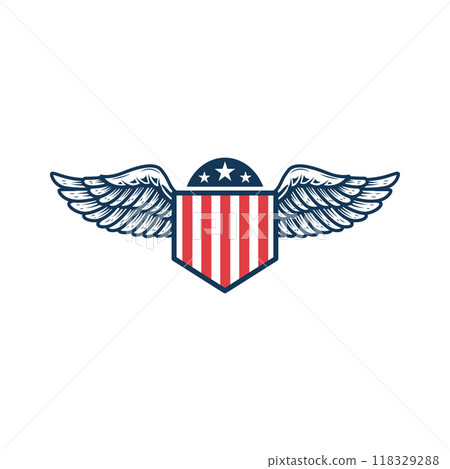 Emblem template with american flag and wings. Design element for emblem, sign, badge, logo. Vector illustration 118329288