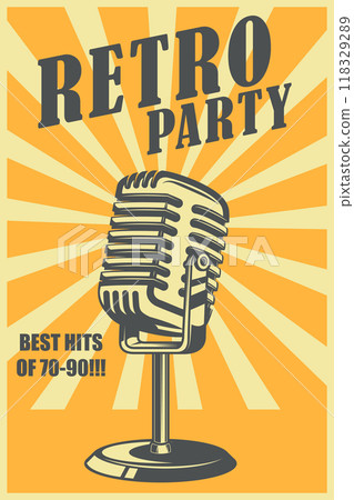 Retro party. Poster template with retro style microphone. Design element for banner, sign, flyer. Vector illustration 118329289