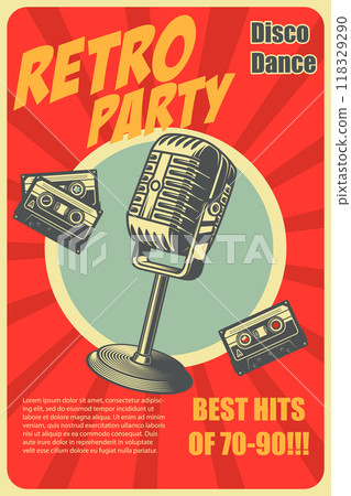 Retro party. Poster template with retro style microphone. Design element for banner, sign, flyer. Vector illustration 118329290