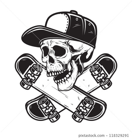 Skateboarder skull with crossed skateboards. Design element for logo, label sign, poster, t shirt. Vector illustration Skateboarder skull with crossed skateboards. Design element for logo, label sign, poster, t shirt. Vector illustration 118329291