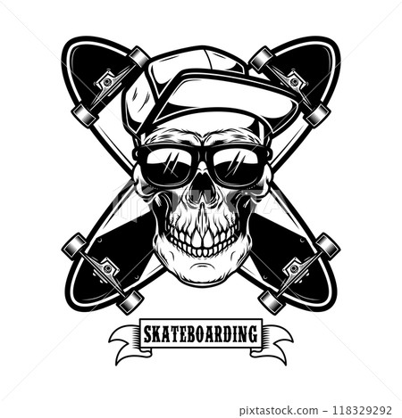 Skateboarder skull with crossed skateboards. Design element for logo, label sign, poster, t shirt. Vector illustration 118329292
