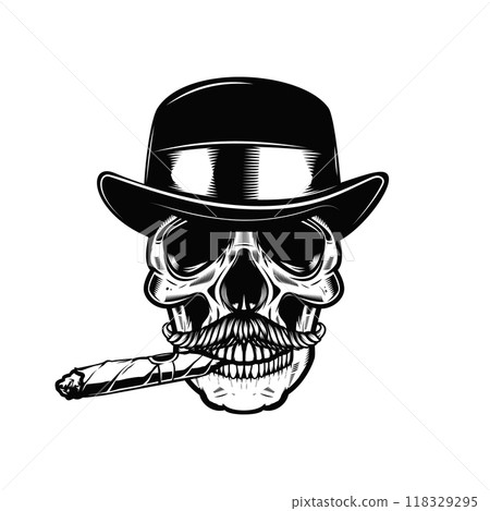 Skull in vintage hat and with cigar. Design element for poster, card, banner, sign. Vector illustration 118329295