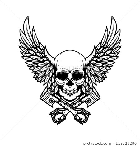 Winged skull with crossed pistons. Design element for emblem, sign, badge, logo. Vector illustration 118329296