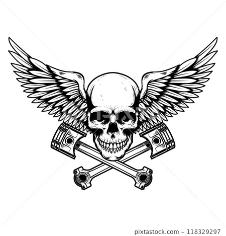 Winged skull with crossed pistons. Design element for emblem, sign, badge, logo. Vector illustration 118329297