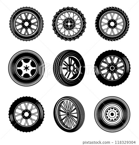 Set of different car and motorcycle wheels in monochrome style. Design element for logo, label, sign, poster, card. Vector illustration Set of different car and motorcycle wheels in monochrome style. Design element for logo, label, sign, poster, card. Vector illustration 118329304
