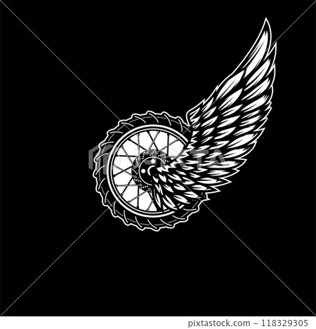 Winged wheel in monochrome style. Design element for logo, label, sign, emblem. Vector illustration Winged wheel in monochrome style. Design element for logo, label, sign, emblem. Vector illustration 118329305