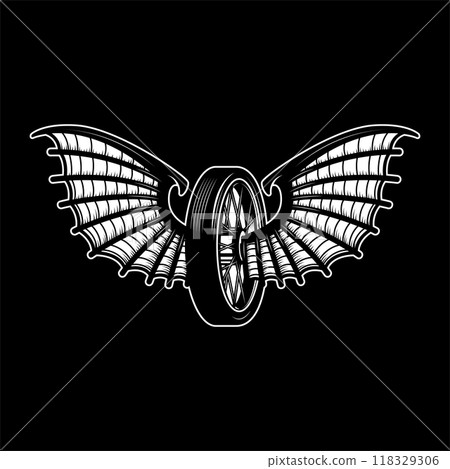Winged wheel in monochrome style. Design element for logo, label, sign, emblem. Vector illustration Winged wheel in monochrome style. Design element for logo, label, sign, emblem. Vector illustration 118329306