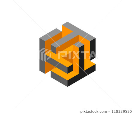 Cube logo, geometric vector design. Box logotype company, trendy tech emblem in pixel style. Cube logo, geometric vector design. Box logotype company, trendy tech emblem in pixel style. 118329550