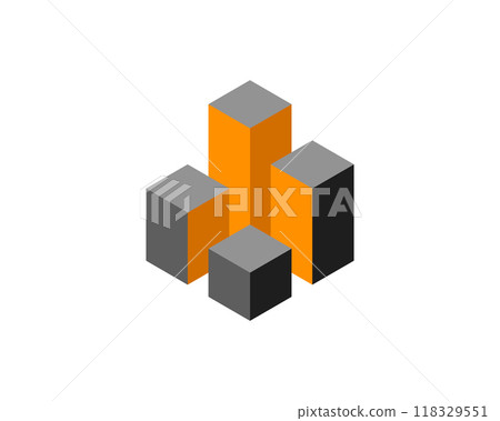 Cube logo, geometric vector design. Box logotype company, trendy tech emblem in pixel style. 118329551