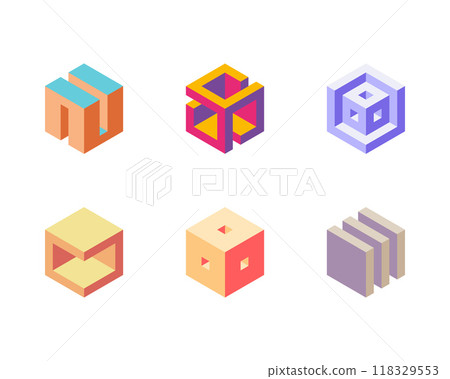 Cube logo, geometric vector design. Set box logotype company, trendy techno emblem in isometric 3D style. Cube logo, geometric vector design. Set box logotype company, trendy techno emblem in isometric 3D style. 118329553