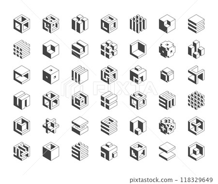 Cube logo, geometric vector design. Set box logotype company, trendy techno emblem in isometric 3D style. 118329649