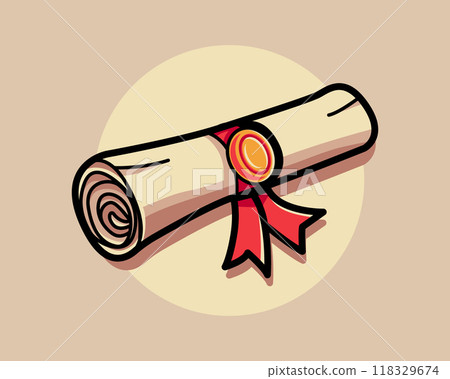 Graduation degree diploma of university, college, school, education certificate. Vintage scroll of document or roll letter manuscript. Graduation degree diploma of university, college, school, education certificate. Vintage scroll of document or roll letter manuscript. 118329674