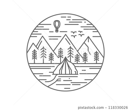 Nature and travel line art boho vector outdoor badge or emblem. Round bohemian logo design. Modern symbol in trendy minimalist lineart style. Perfect for apparel prints or posters. 118330026