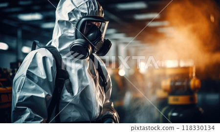 Chemical specialist wear safety uniform and gas mask inspecting chemical leak in industry factory 118330134