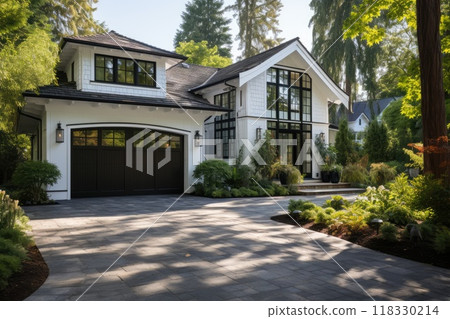 Garage door with a driveway in front. 118330214