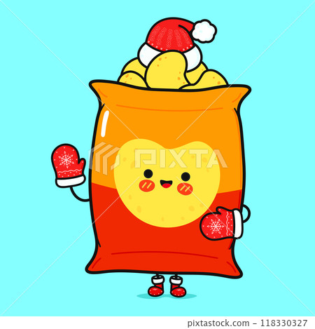 Funny smiling happy Chips christmas. Vector flat cartoon character illustration icon design. Isolated on blue background Funny smiling happy Chips christmas. Vector flat cartoon character illustration icon design. Isolated on blue background 118330327