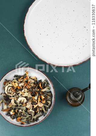 A collection of dried wild mushrooms 118330637