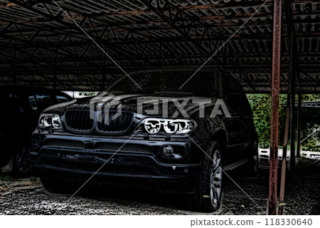 The SUV is parked in the parking lot. There is an SUV parked in the covered parking lot. 118330640