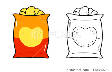 Funny cute happy Chips characters bundle set. Vector hand drawn cartoon kawaii character illustration icon. Cute Chips. Outline cartoon illustration for coloring book 118330789