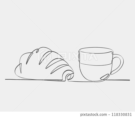 Outline drawing of croissant and coffee cup Outline drawing of croissant and coffee cup 118330831
