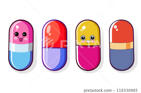 set cute children-style pills and vitamins in capsules 118330985