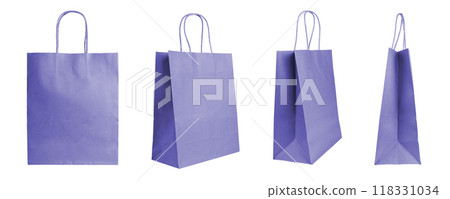 Set of different angles purple shopping bag made from recycled paper isolated on white background Set of different angles purple shopping bag made from recycled paper isolated on white background 118331034
