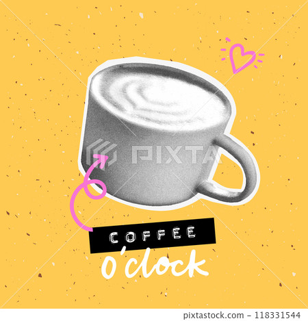 Coffee o clock cafe poster design, black and white grunge cup photo sticker on yellow background, embossed typography, modern collage design Coffee o clock cafe poster design, black and white grunge cup photo sticker on yellow background, embossed typography, modern collage design 118331544