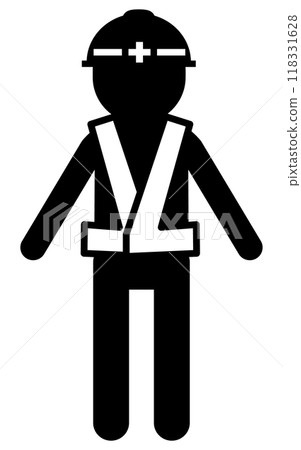 Worker wearing helmet and safety vest, safety sign, danger, caution pictogram Worker wearing helmet and safety vest, safety sign, danger, caution pictogram 118331628