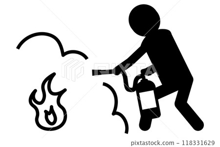 Fire Caution, Person putting out fire with fire extinguisher, Safety sign, Danger, Caution pictogram 118331629