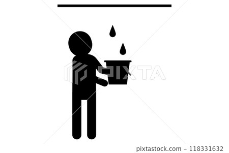 Caution: Leaking roof, Person using bucket to fix roof leak, Safety sign, Danger, Caution pictogram 118331632