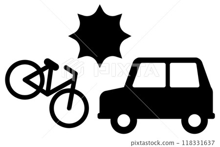 碰撞事故、自行車和汽車事故、安全標誌、危險和警告的象形圖 118331637