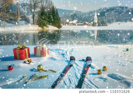 Christmas Gifts on Snow-Covered Skis Beneath a Decorated Pine Tree in a Peaceful Snowy Mountain Village at Dusk 118331826